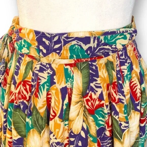 Vintage 90s Petite Skirt Colorful Tropical Hibiscus Floral Midi Wrap Bow Detail - Picture 7 of 10